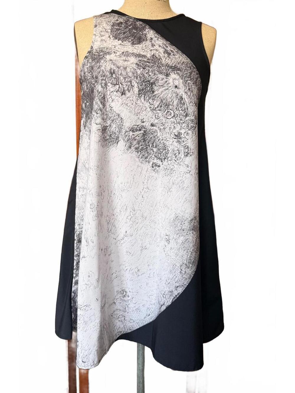 Full Moon Print Black White Swing Dress XS Celestial Graphic